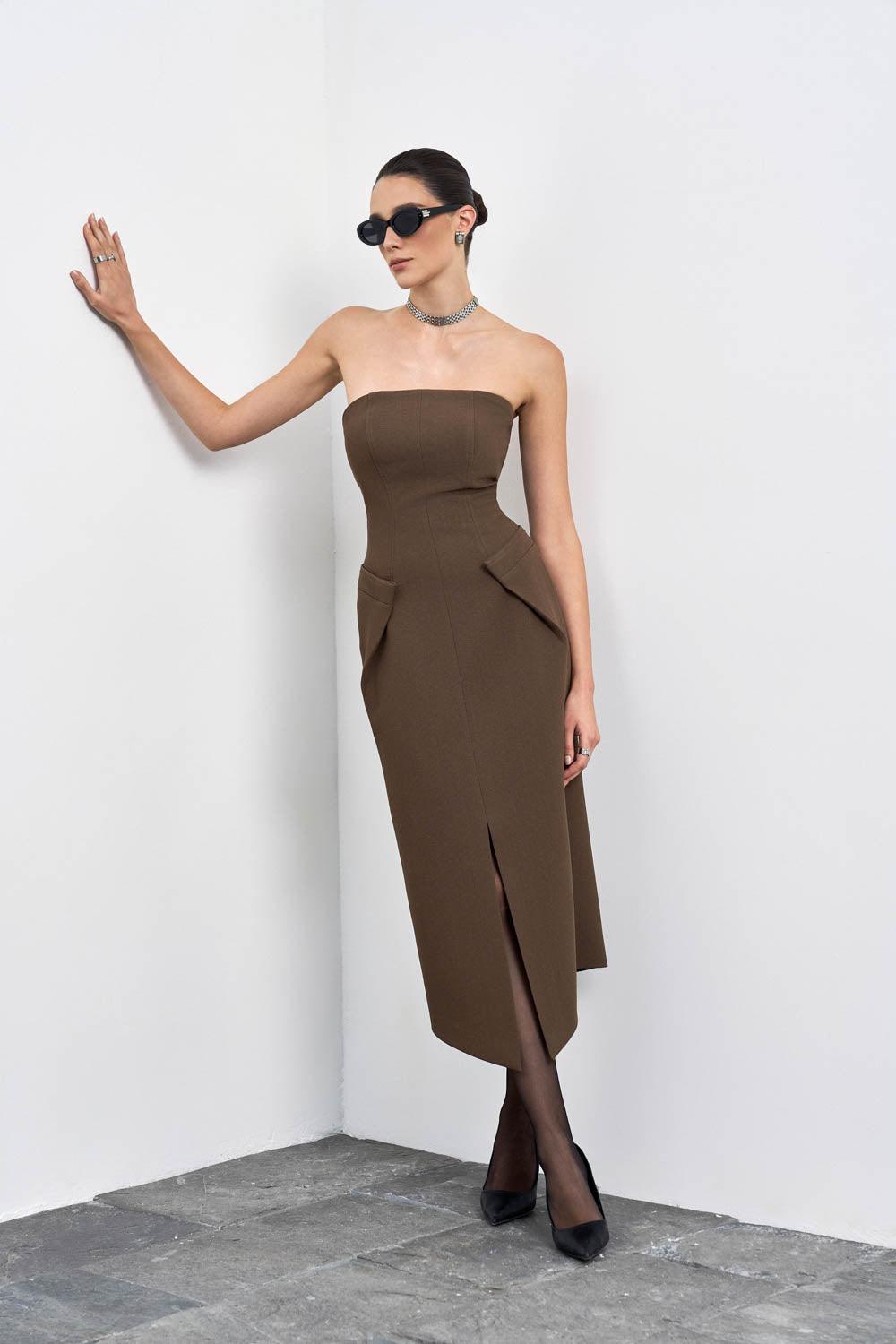 strapless crepe midi dress strapless crepe midi dress monochrome