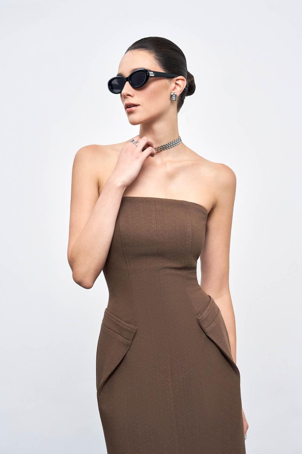 Nova Strapless Front Slit Crepe Midi Dress