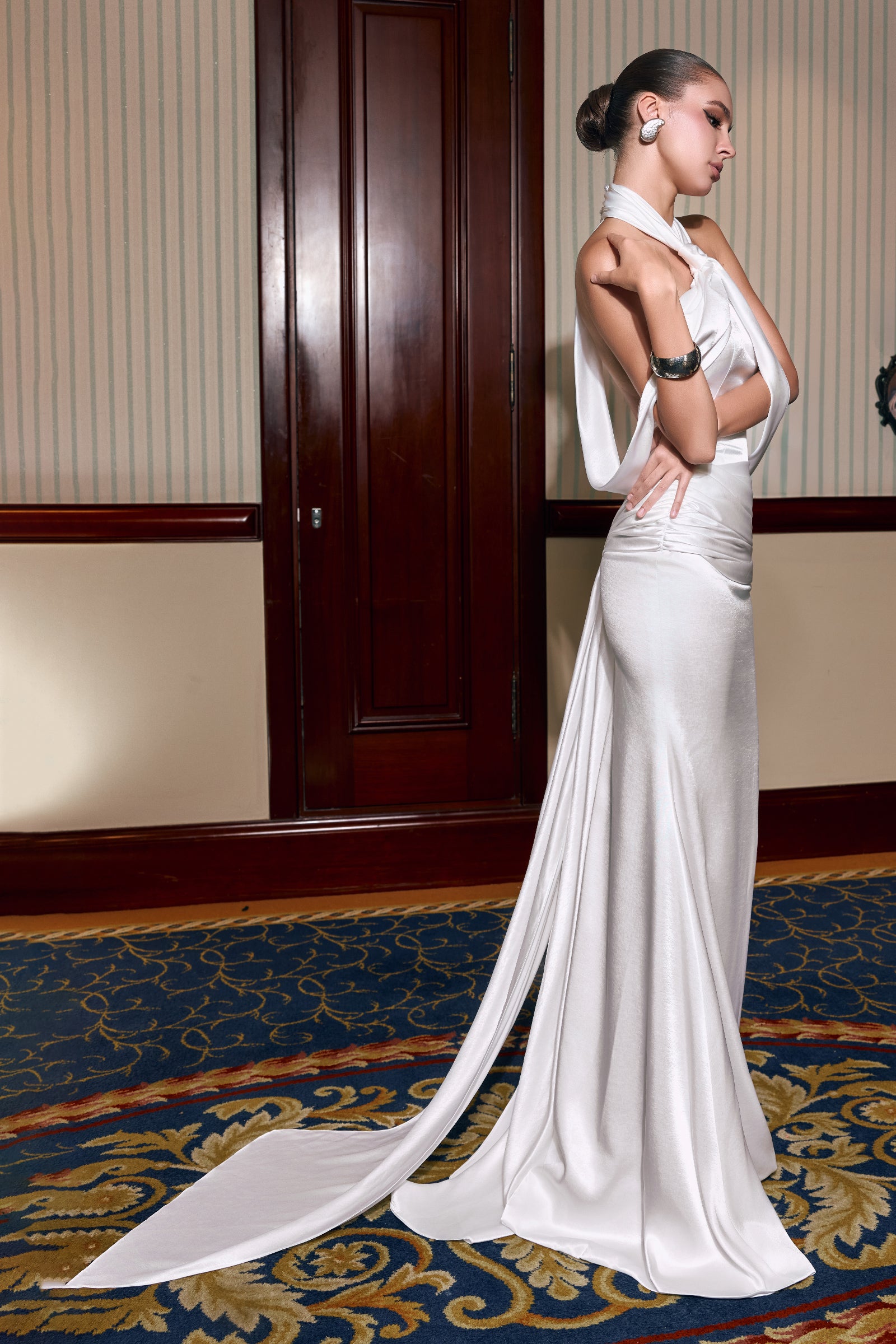 Women's Élan Halter Maxi Dress Pearled Ivory/Burgundy S/M/L/Customize MEAN BLVD, Pearled Ivory / S