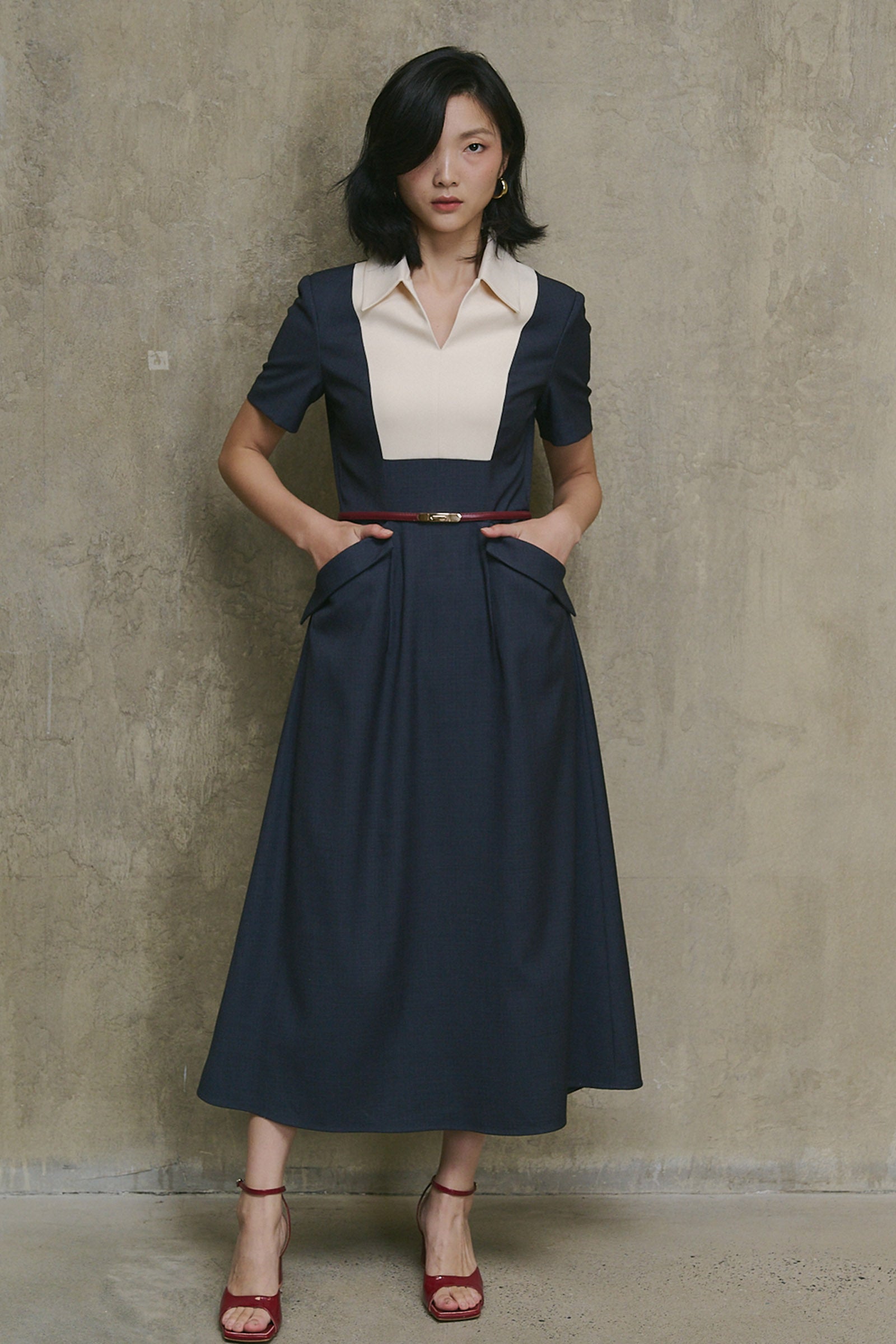Women's Elara Collared Midi Dress Navy S/M/L/Customize MEAN BLVD Women's Elara Collared Midi Dress Navy S/M/L/Customize MEAN BLVD