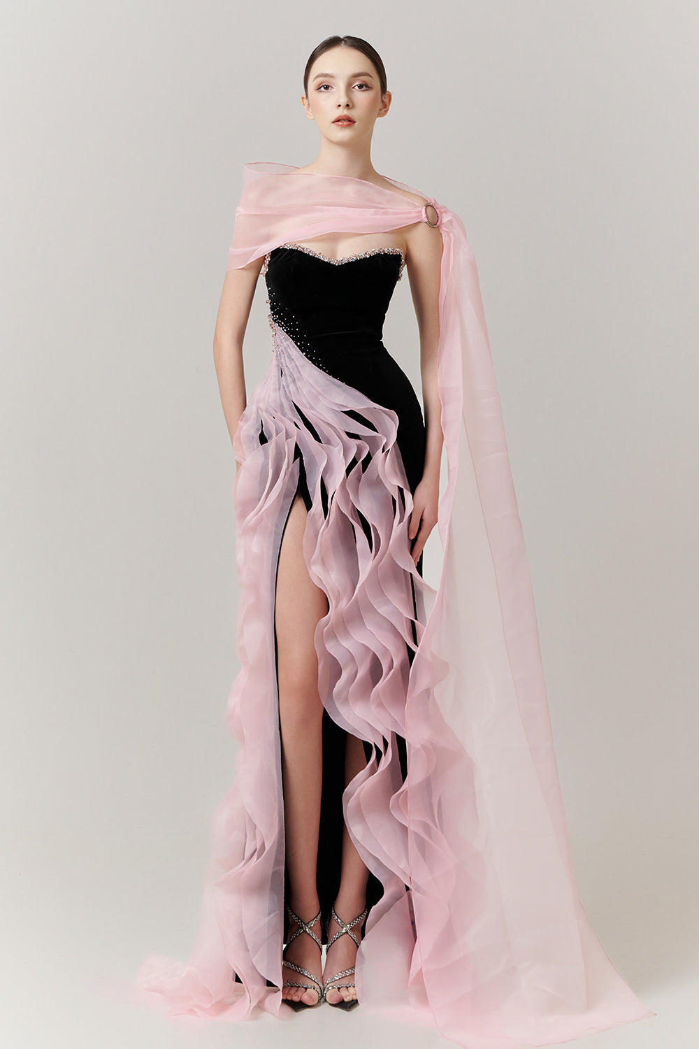 Women's Elara Sheath Rhinestone Maxi Dress XXS/XS/S/M/L/XL/XXL/3XL/Customize Black & Barely Pink MEAN BLVD Black & Barely Pink / XXS