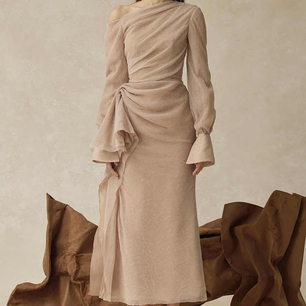 Elarion Asymmetric Neck Ruffle Midi Dress - MEAN BLVD