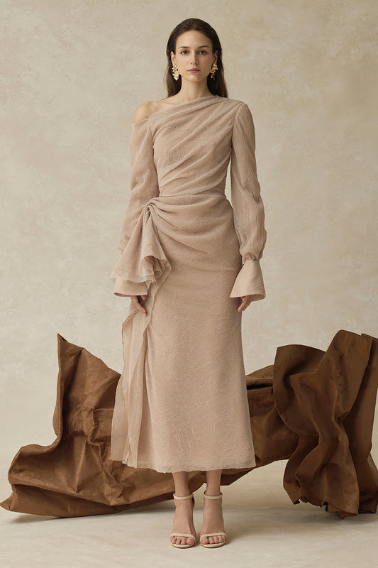 Elarion Asymmetric Neck Ruffle Midi Dress - MEAN BLVD