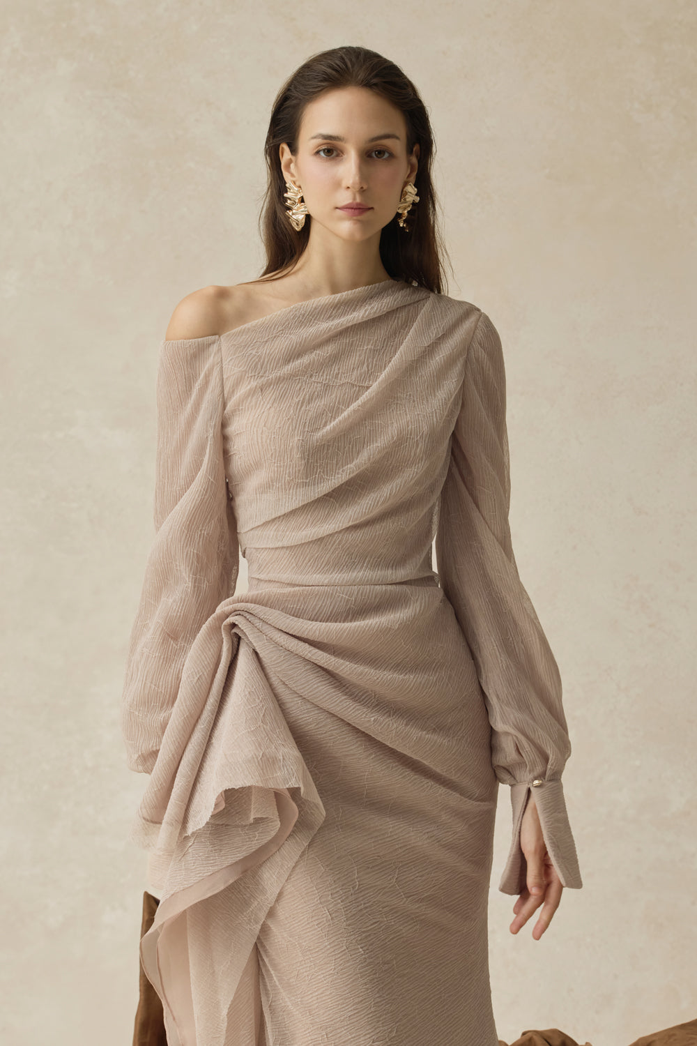 Women's Elarion Asymmetric Neck Draped Midi Dress XS/S/M/L/XL/Customize Sandstone MEAN BLVD Women's Elarion Asymmetric Neck Draped Midi Dress XS/S/M/L/XL/Customize Sandstone MEAN BLVD