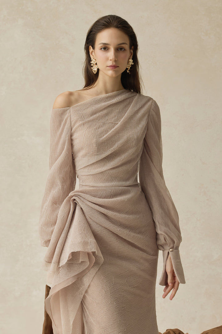 Elarion Asymmetric Neck Ruffle Midi Dress - MEAN BLVD