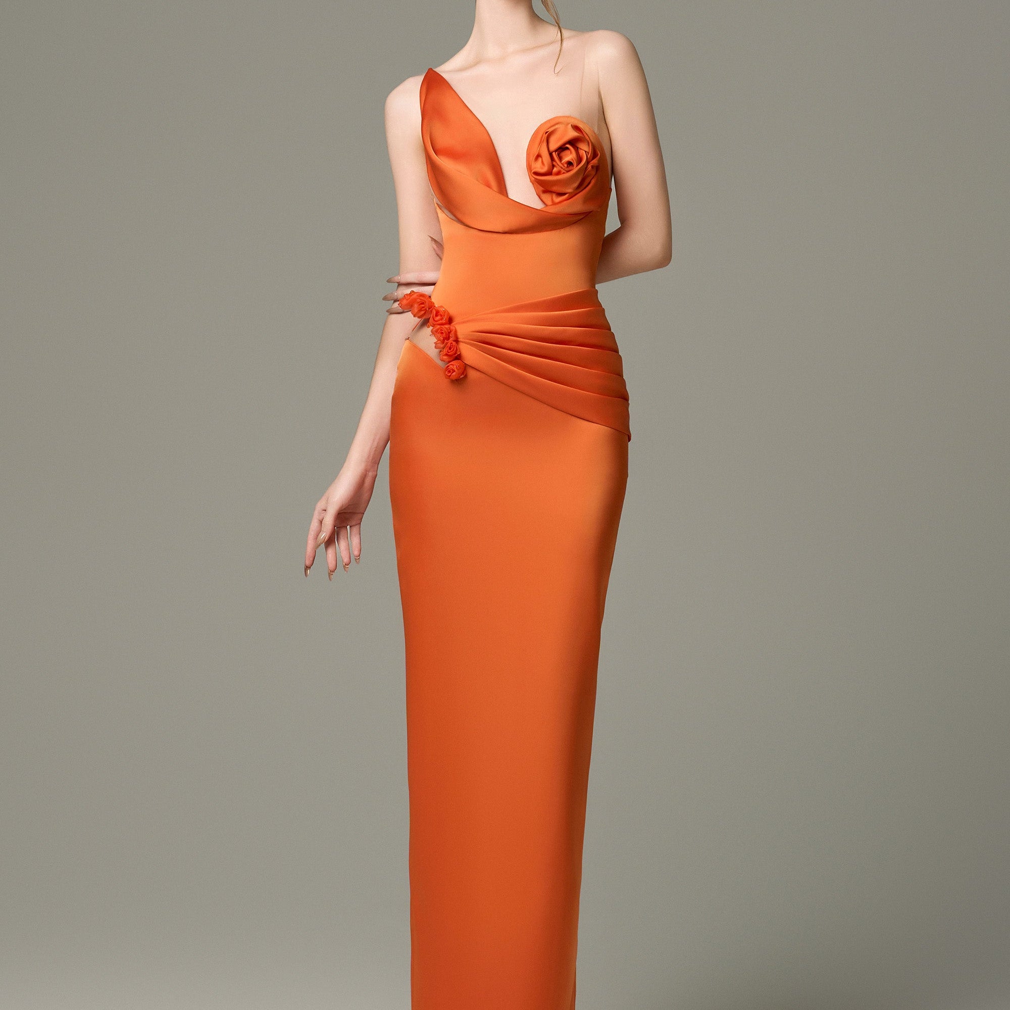 Elegant Silk Floral Bust Draped Maxi Dress