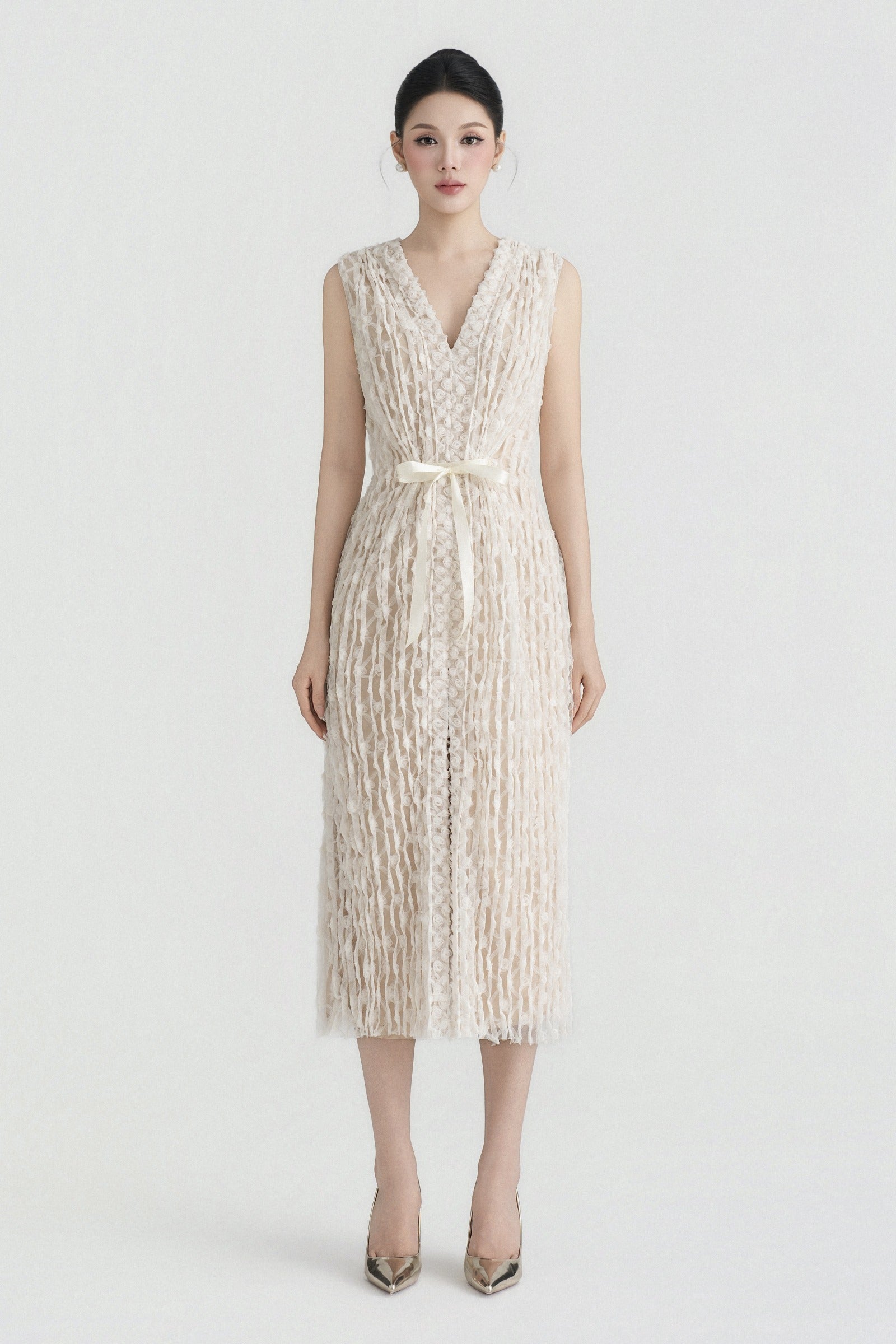 Eloane Ribbon Midi Dress Ivory Cream / Customize