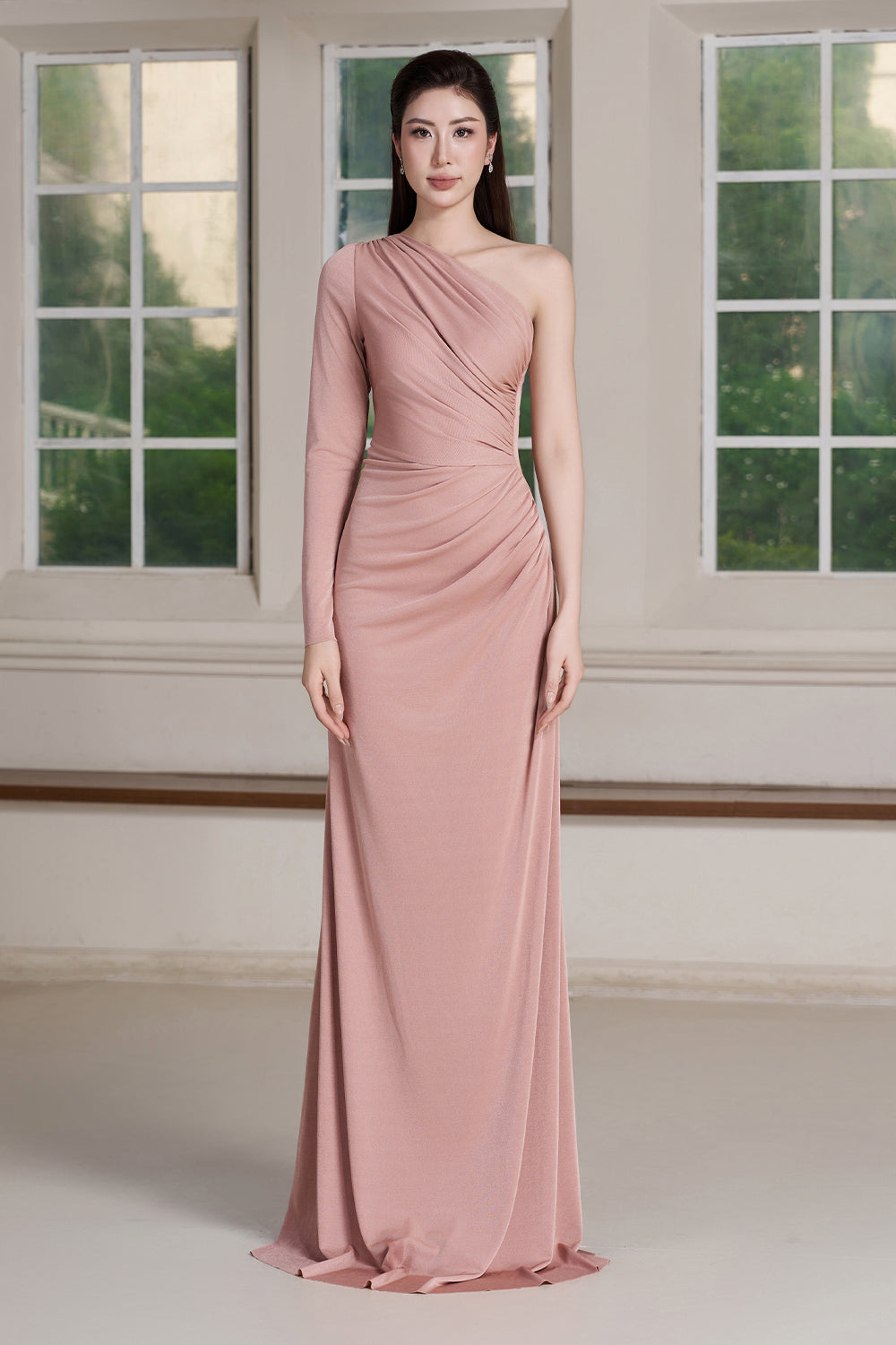 Ely Asymmetric Sleeve Maxi Dress Pink Tint / XL