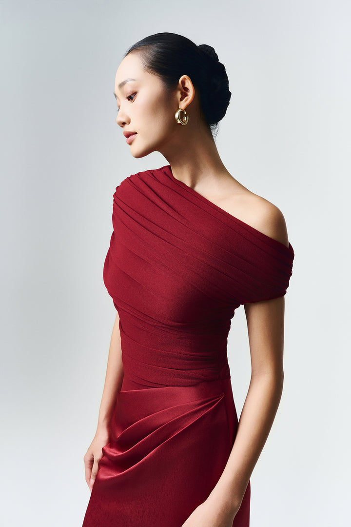 Enya Asymmetric Neck Gathering Maxi Dress - MEAN BLVD