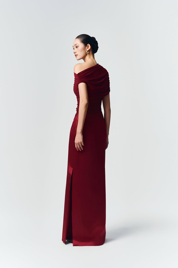 Enya Asymmetric Neck Gathering Maxi Dress - MEAN BLVD