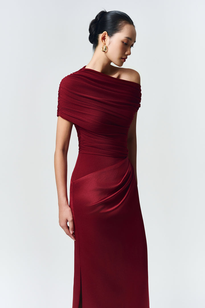 Enya Asymmetric Neck Gathering Maxi Dress - MEAN BLVD