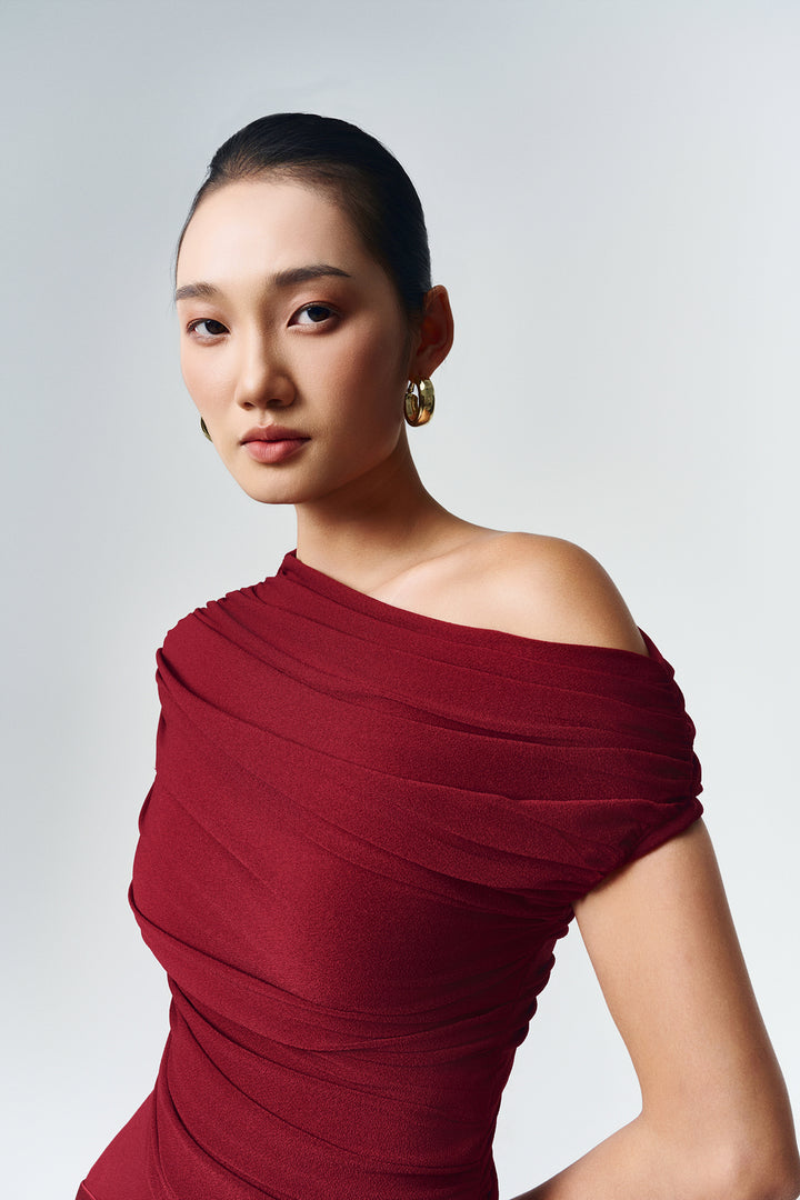 Enya Asymmetric Neck Gathering Maxi Dress - MEAN BLVD