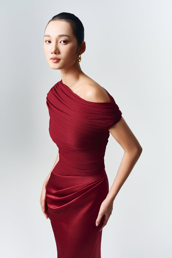 Enya Asymmetric Neck Gathering Maxi Dress - MEAN BLVD