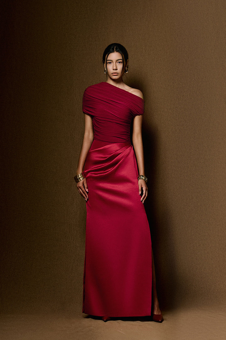 Enya Asymmetric Neck Gathering Maxi Dress - MEAN BLVD