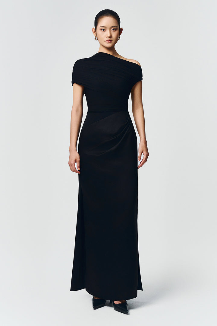 Enya Asymmetric Neck Gathering Maxi Dress - MEAN BLVD