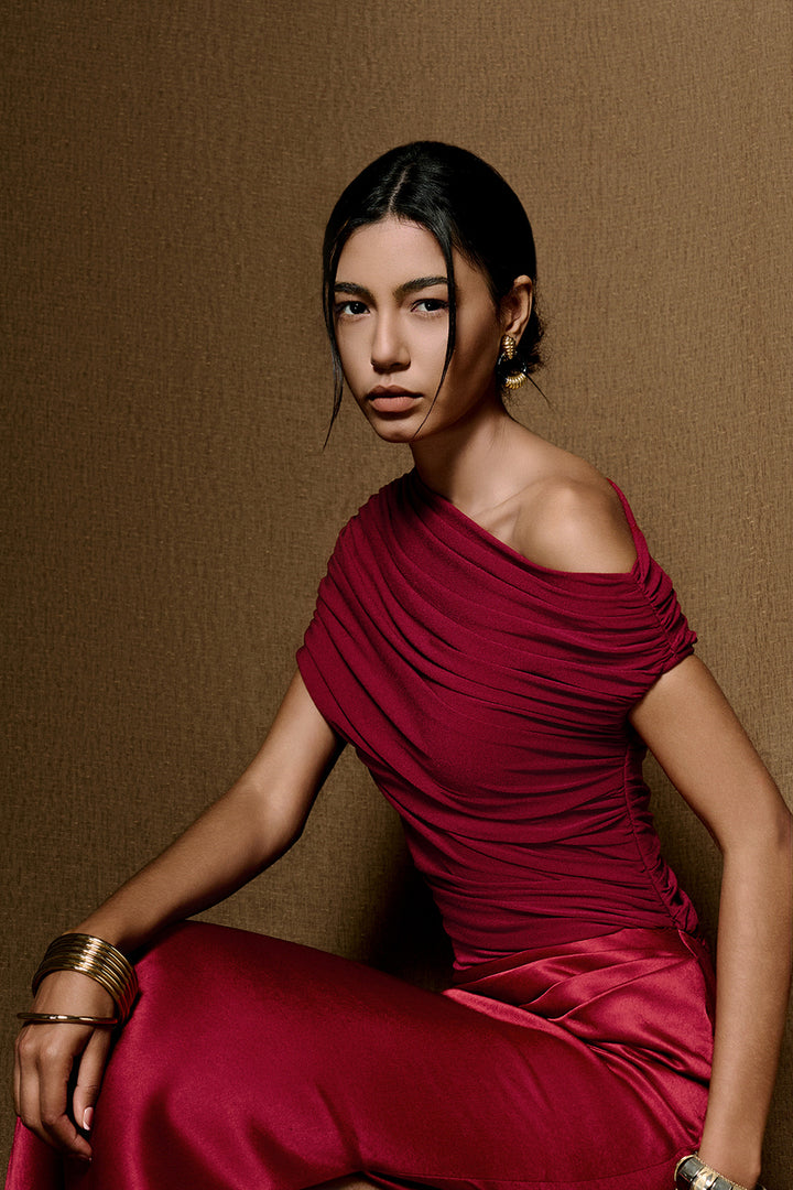 Enya Asymmetric Neck Gathering Maxi Dress - MEAN BLVD