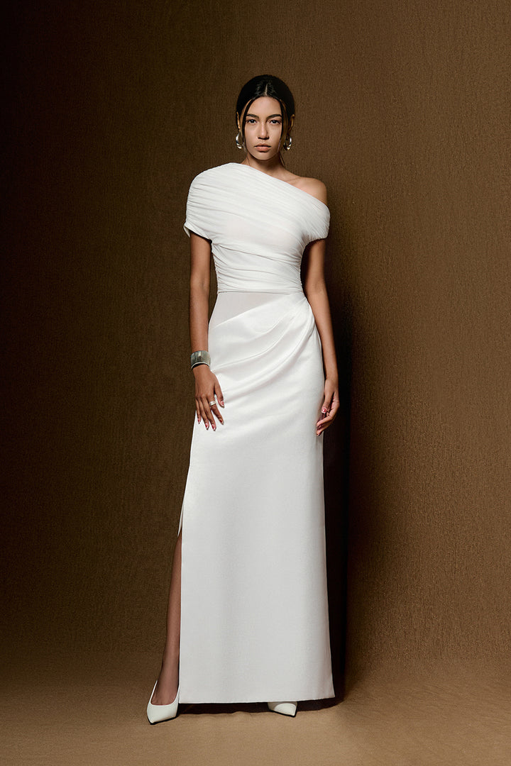 Enya Asymmetric Neck Gathering Maxi Dress - MEAN BLVD