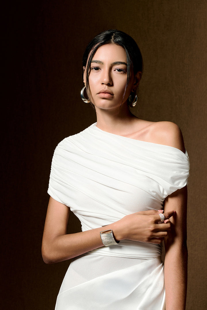 Enya Asymmetric Neck Gathering Maxi Dress - MEAN BLVD