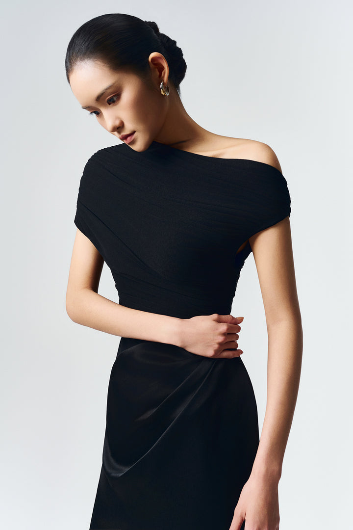 Enya Asymmetric Neck Gathering Maxi Dress - MEAN BLVD