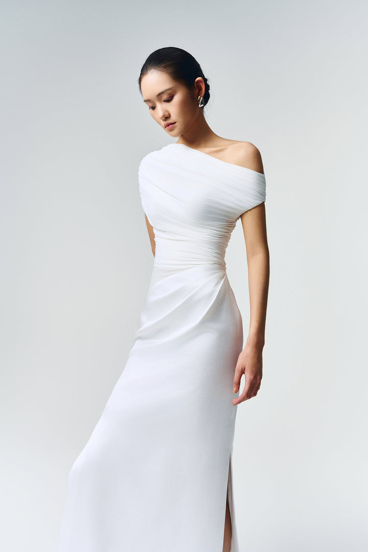 Enya Asymmetric Neck Gathering Maxi Dress - MEAN BLVD