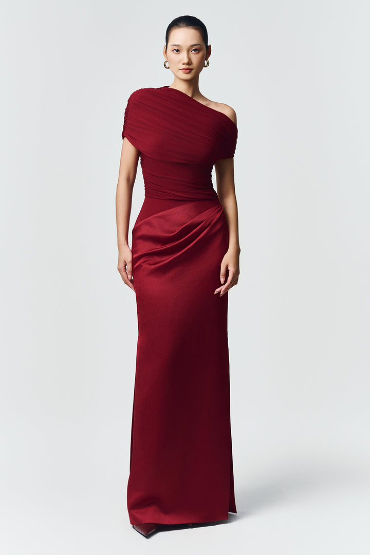 Enya Asymmetric Neck Gathering Maxi Dress - MEAN BLVD