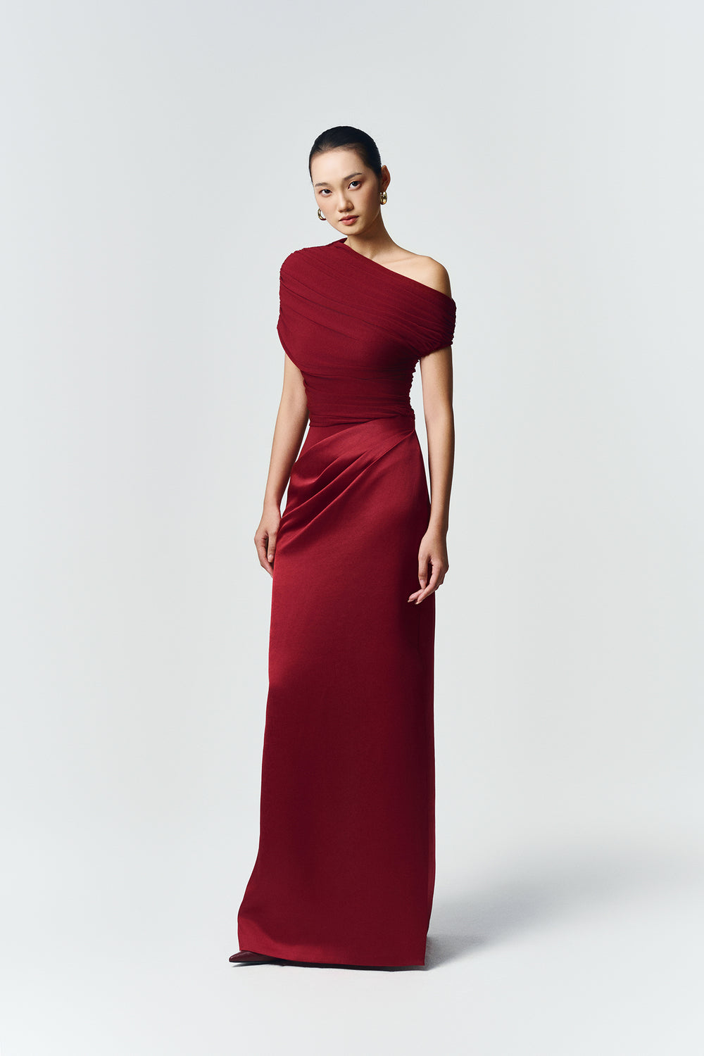 enya maxi dress Women's Enya Asymmetric Neck Gathering Maxi Dress S/M/L/XL/Customize Black/White/Burgundy MEAN BLVD Black / S