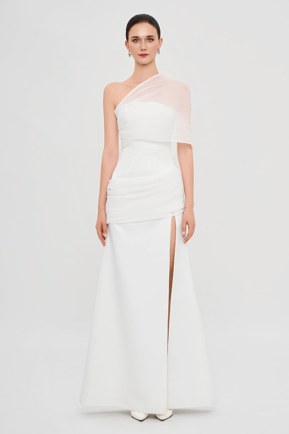Ethereal Grace Asymmetric Sleeve Draped Maxi Dress - MEAN BLVD
