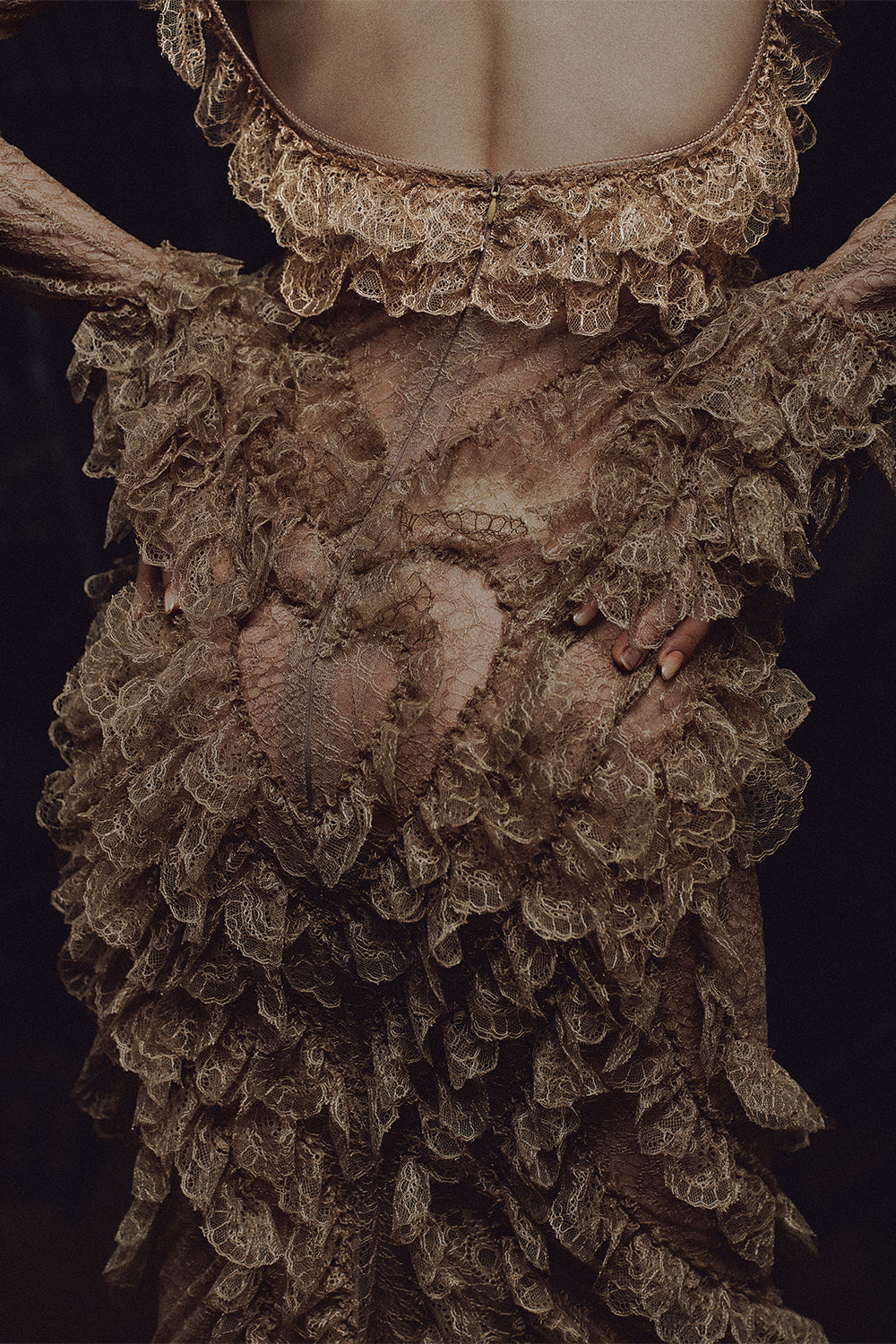 Women's Eurydice Bodycon Ruffle Midi Dress XS/S/M/L/XL/Customize Mocha Mousse MEAN BLVD Mocha Mousse / L Women's Eurydice Bodycon Ruffle Midi Dress XS/S/M/L/XL/Customize Mocha Mousse MEAN BLVD Mocha Mousse / L