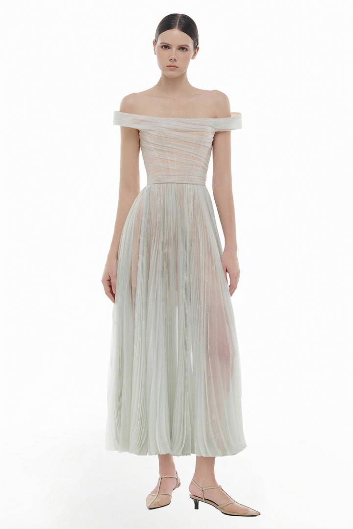 Evangeline Off-Shoulder Draped Midi Dress - MEAN BLVD