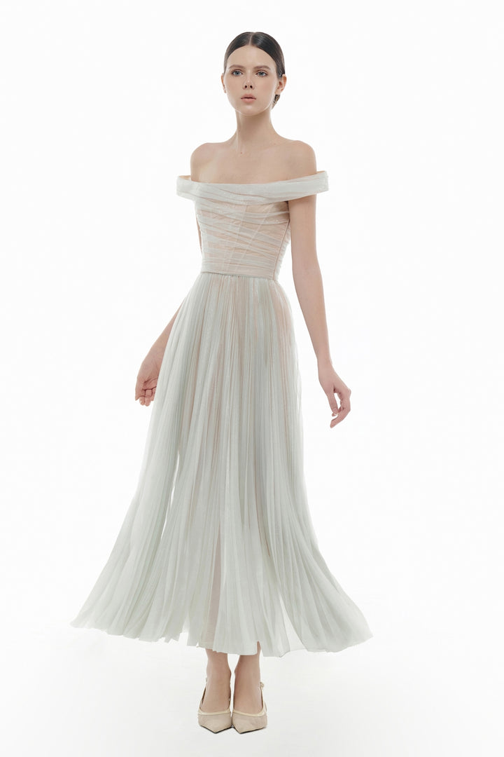 Evangeline Off-Shoulder Draped Midi Dress - MEAN BLVD