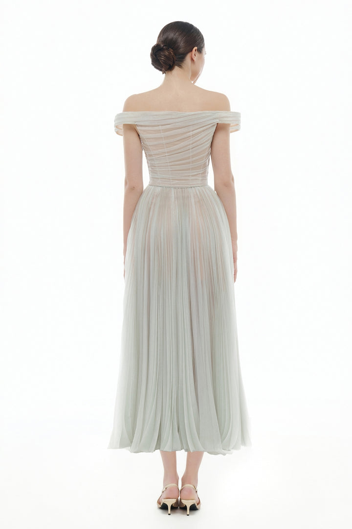 Evangeline Off-Shoulder Draped Midi Dress - MEAN BLVD