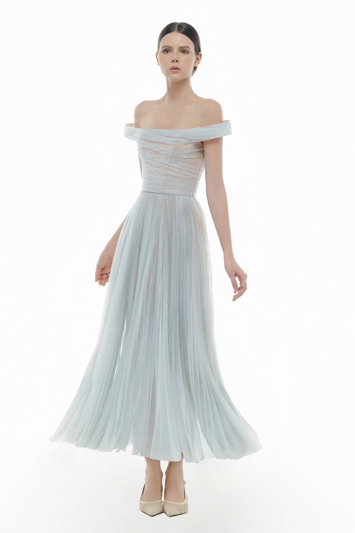 Evangeline Off-Shoulder Draped Midi Dress - MEAN BLVD