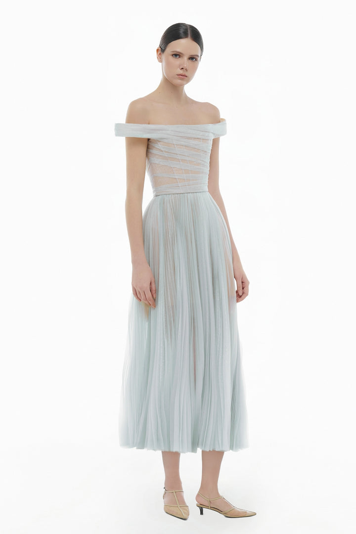 Evangeline Off-Shoulder Draped Midi Dress - MEAN BLVD