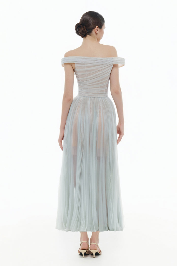 Evangeline Off-Shoulder Draped Midi Dress - MEAN BLVD