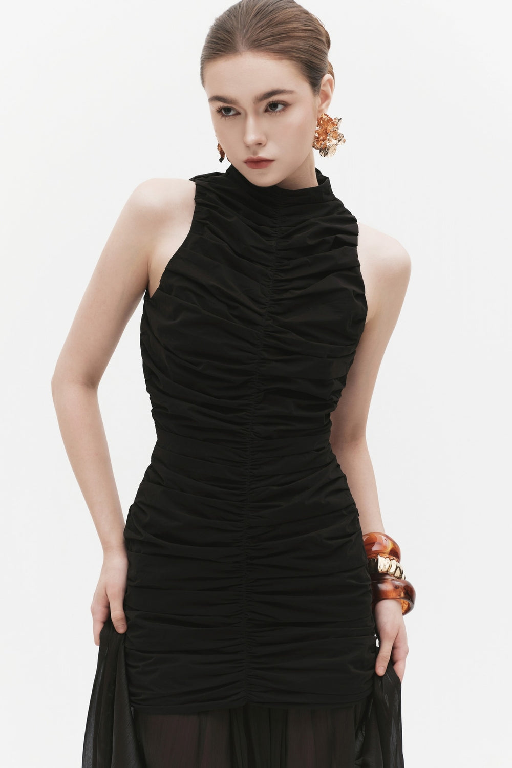 evelyn mini dress Women's Evelyn High Neck Gathering Mini Dress XS/S/M/L/XL/Customize Black MEAN BLVD Black / XS