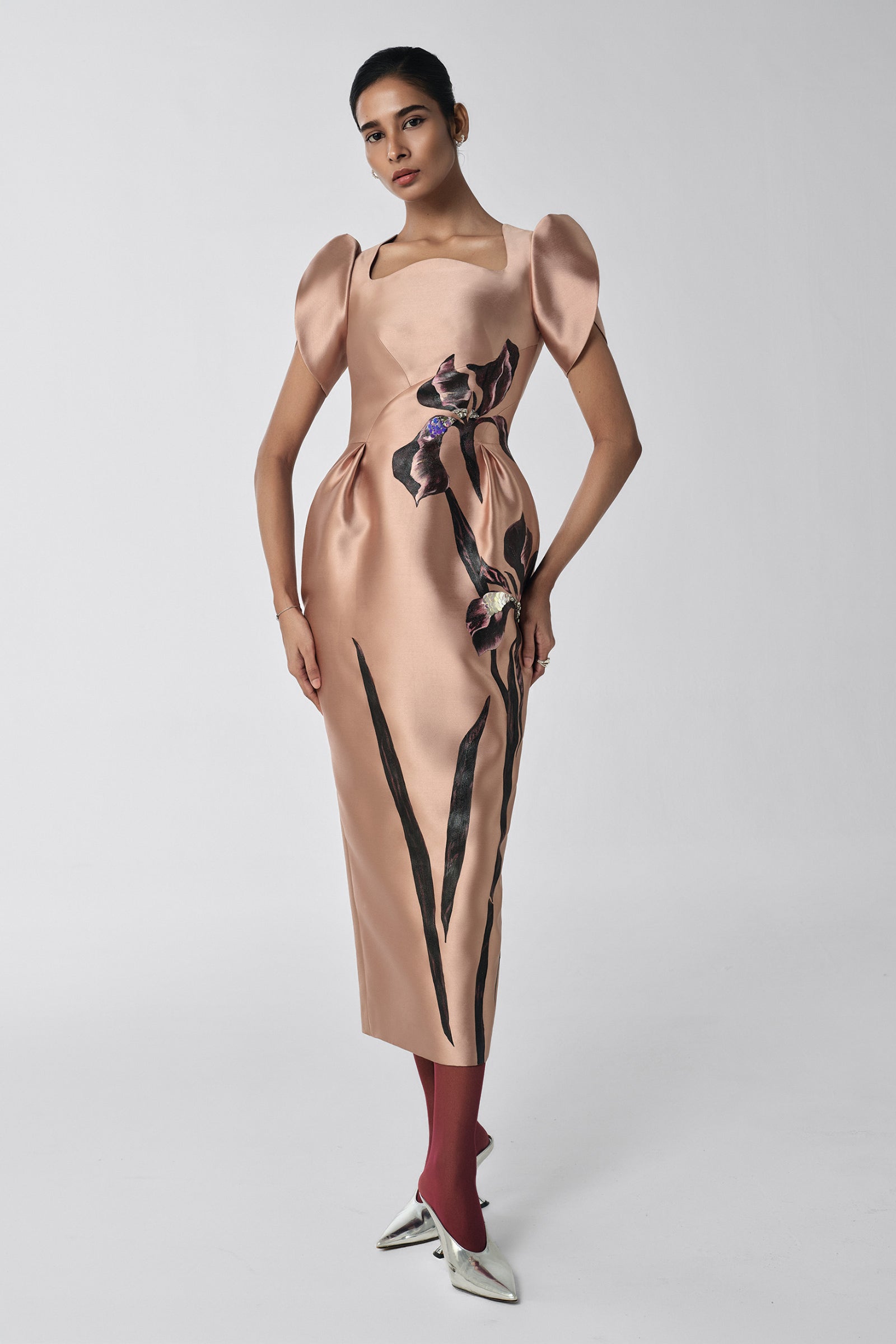 Myrica Tulip Sleeve Midi Dress Beige / M