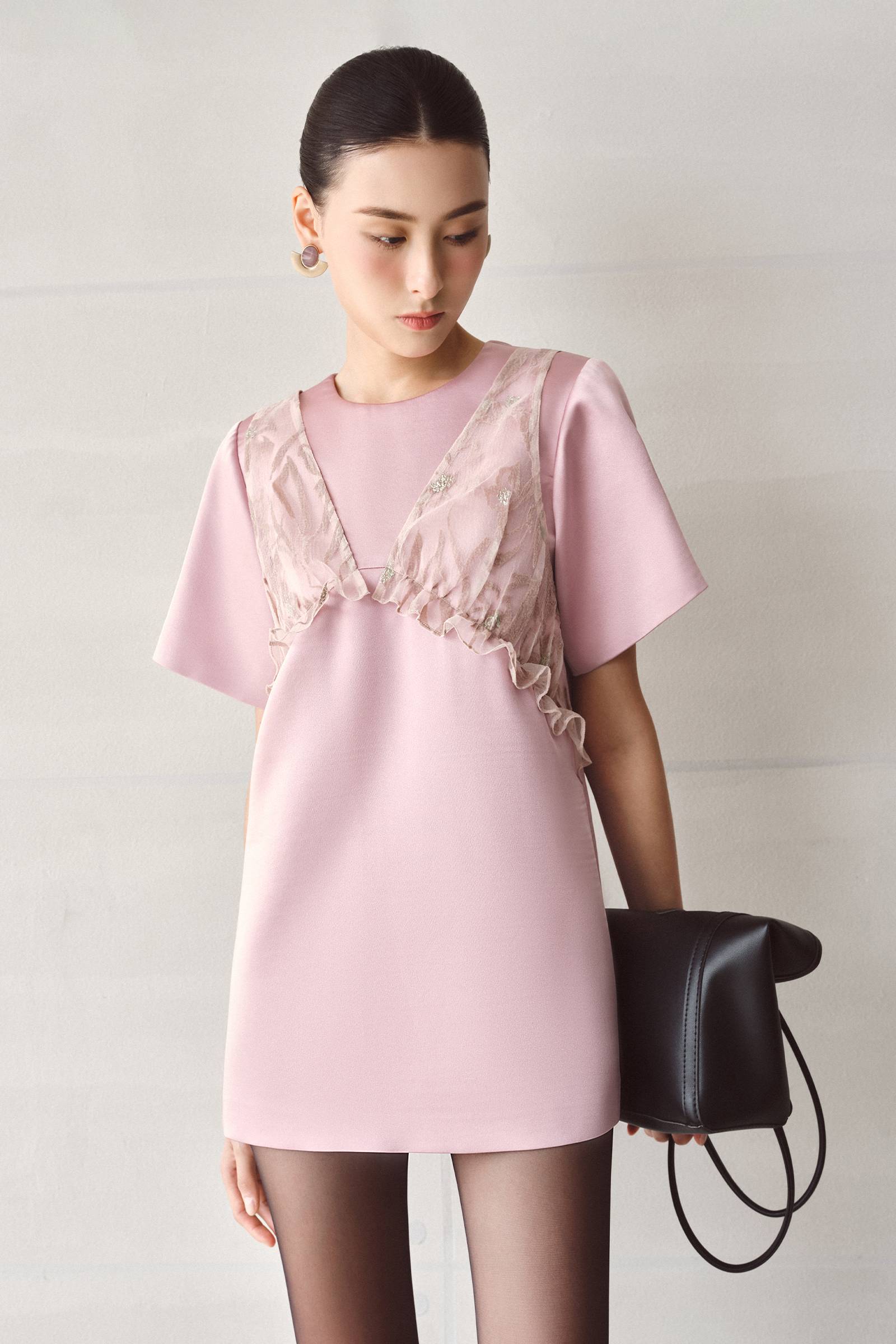 Women's Mira Round Neck Ruffle Mini Dress S/M/Customize Dusty Pink MEAN BLVD