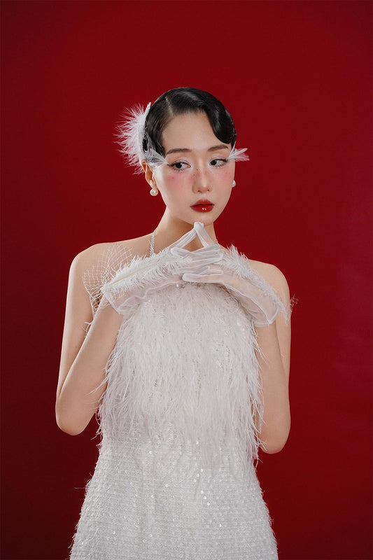 Yen Vu A-line Halter Neck Tweed Floor Length Ao Dai Set