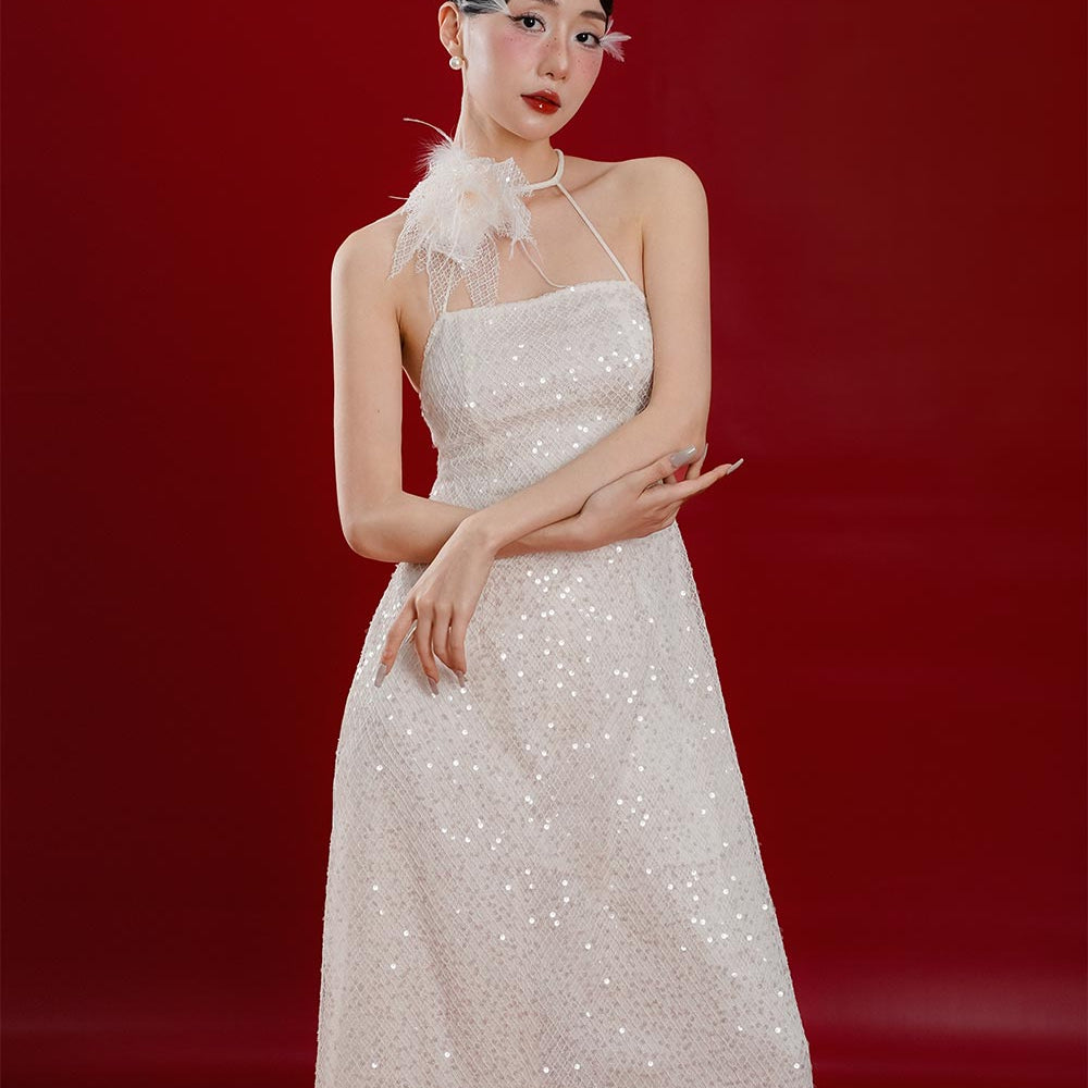 Yen Ngoc A-line Sleeveless Mesh Sequin Floor Length Ao Dai Set