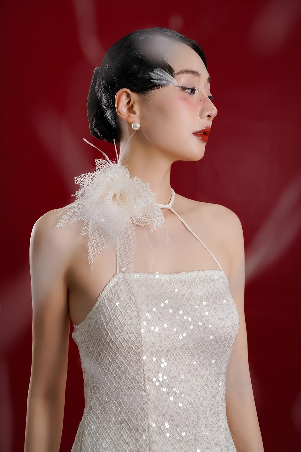 Yen Ngoc A-line Sleeveless Mesh Sequin Floor Length Ao Dai Set