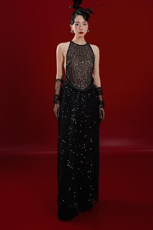 Yen Cam A-line Halter Neck Mesh Sequin Floor Length Ao Dai Set