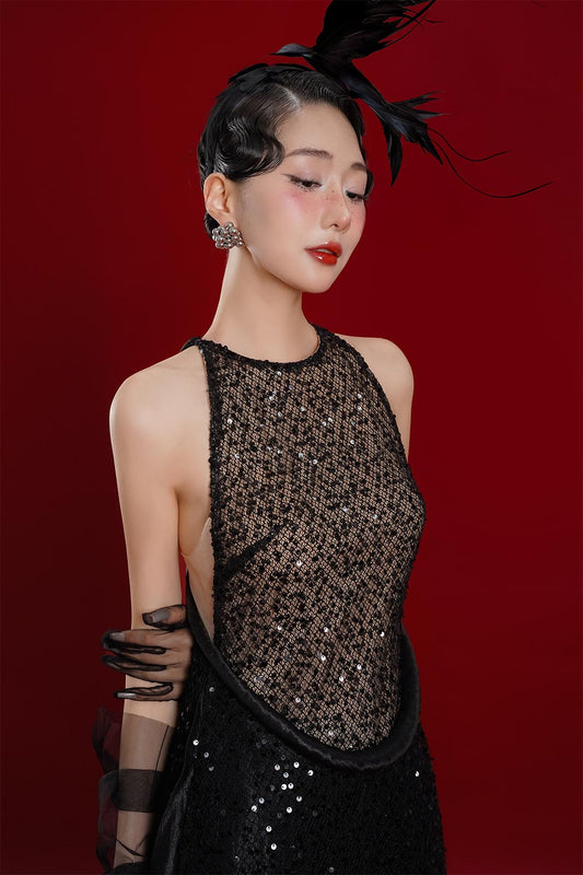 Yen Cam A-line Halter Neck Mesh Sequin Floor Length Ao Dai Set