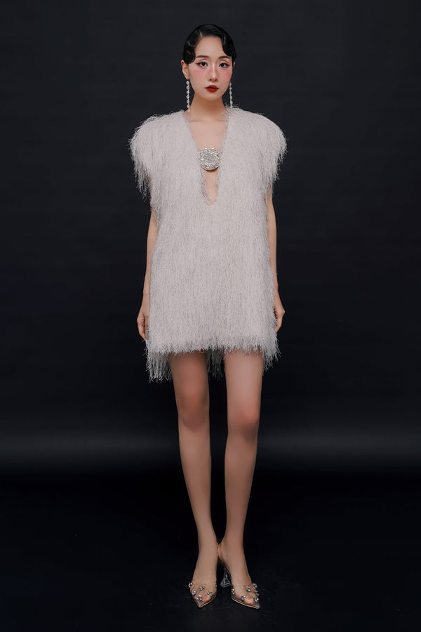 Sapphire Straight Plunge Neck Faux Fur Mini Dress