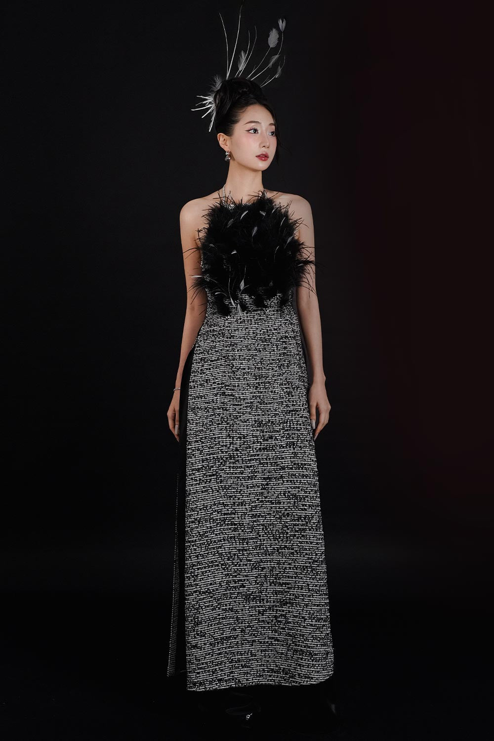 Yen Vu A-line Halter Neck Tweed Floor Length Ao Dai Set