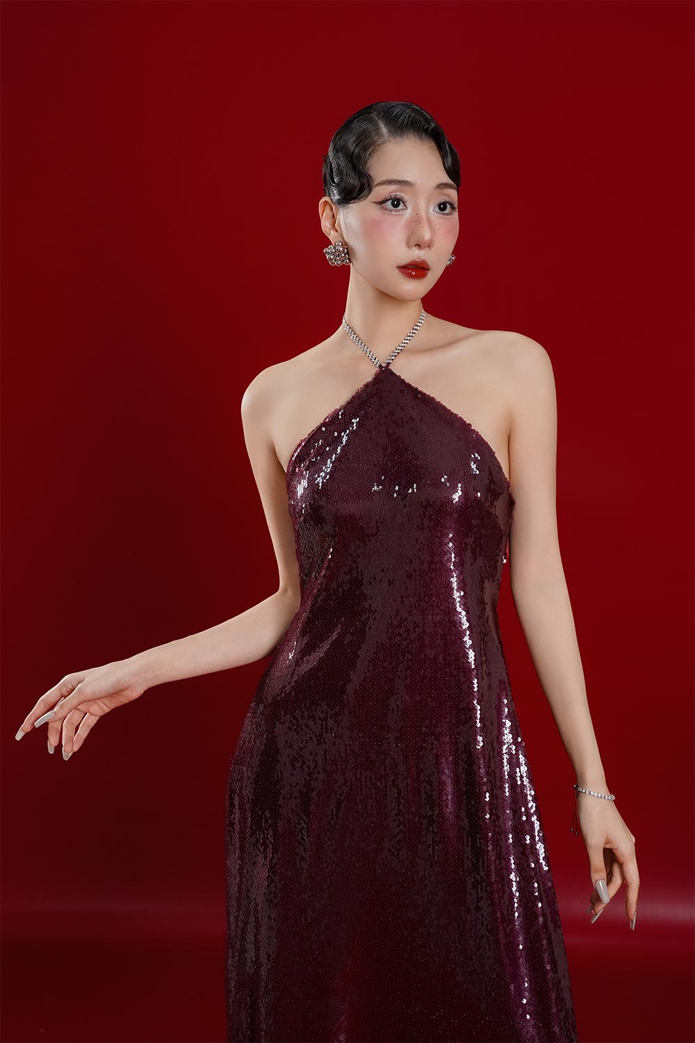 Yen Kim A-line Sleeveless Mesh Sequin Floor Length Ao Dai Set