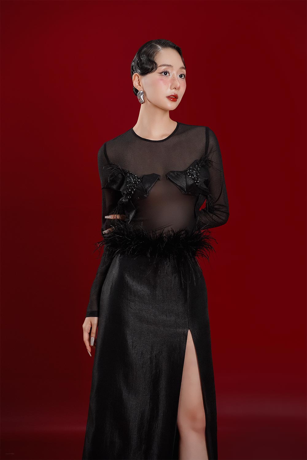 Swallow A-line Jewel Neck Spandex Taffeta Maxi Dress