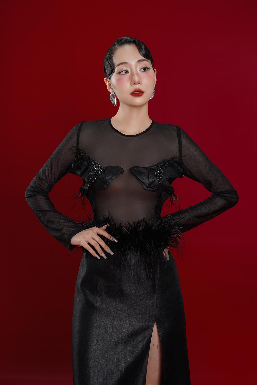 Swallow A-line Jewel Neck Spandex Taffeta Maxi Dress