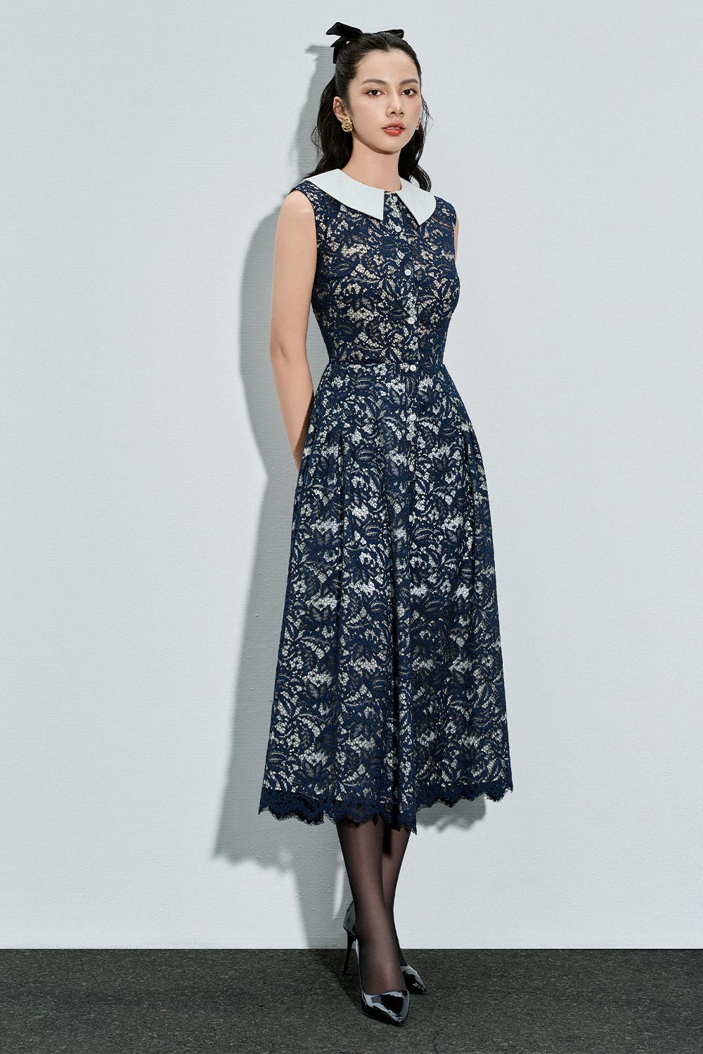 Amara A-line Side Pleated Lace Calf Length Dress