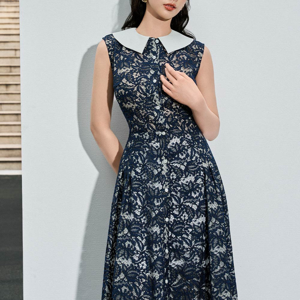 Amara A-line Side Pleated Lace Calf Length Dress