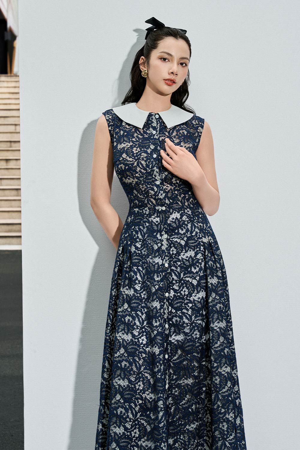 chinese dress ladies Women's Amara A-Line Side Pleated Lace Calf Length Dress XS/S/M/L/Customize Navy Mean Blvd, Navy / Xs